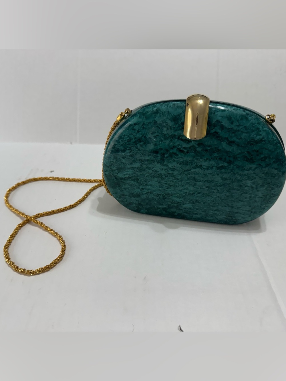 Vintage Vanessa Lucite Handbag Clamshell in Emerald Marble